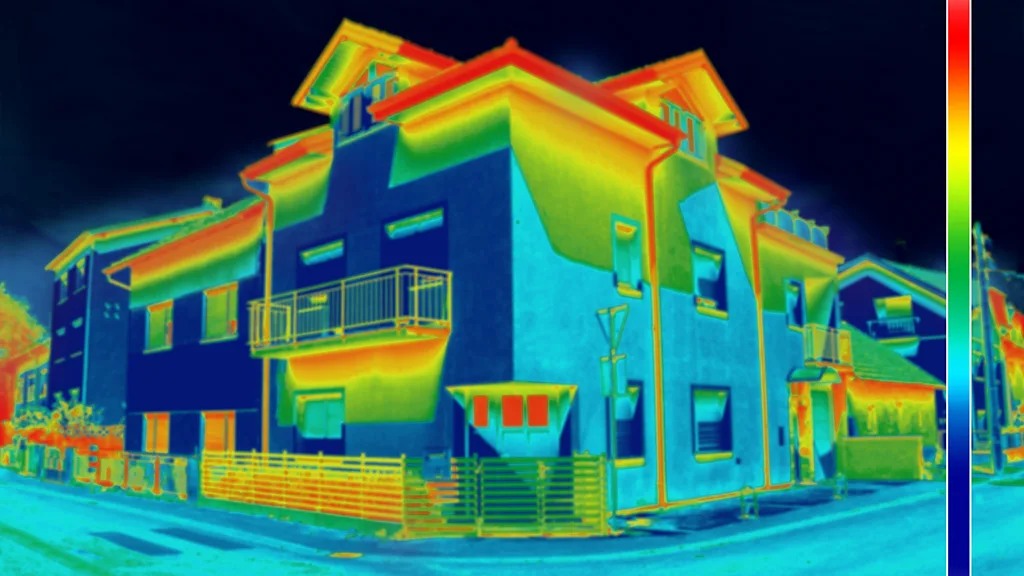 Illustrative thermal image of a building facade with a vertical colour scale on the right